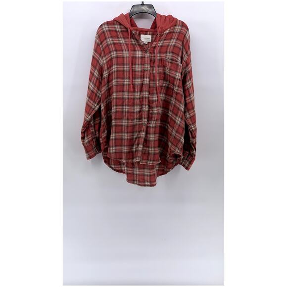 AMERICAN EAGLE Men's Red Plaid Button-Up Hooded Long Sleeve Sweater Shirt SZ L - Picture 1 of 11